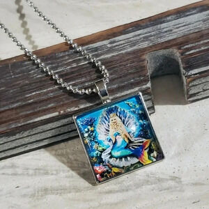 Handcrafted Mermaid in Her Oyster Shell Square Glass Cabochon Pendant  Necklace